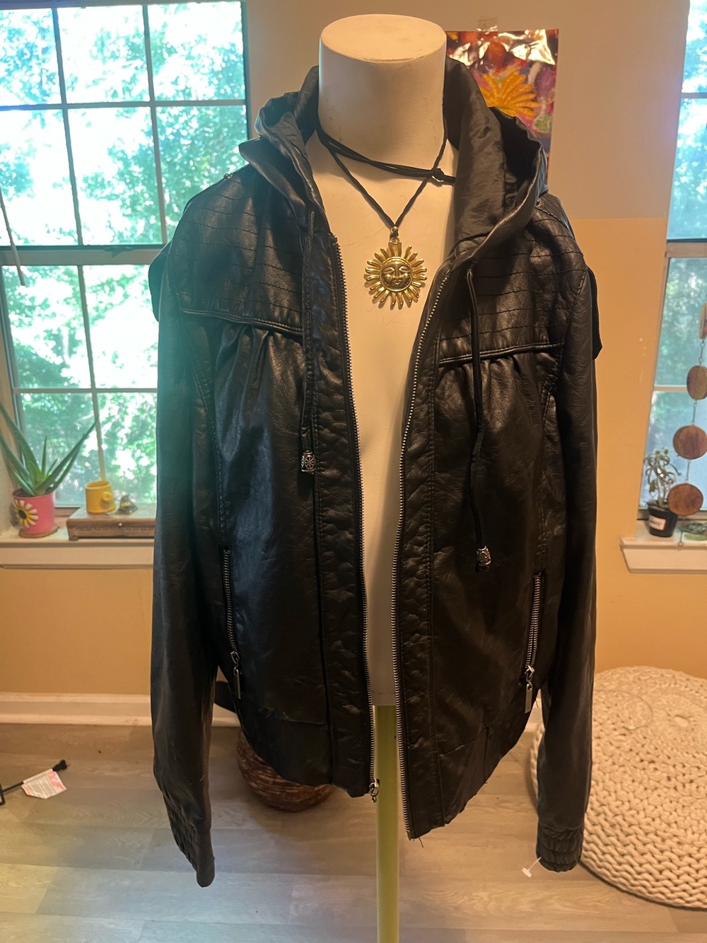 Grunge Woman’s Black Hooded Faux Leather Jacket